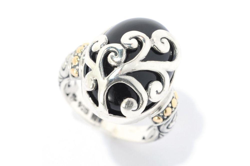 Samuel B RING Silver Fern Ring Black Chalcedony / 5